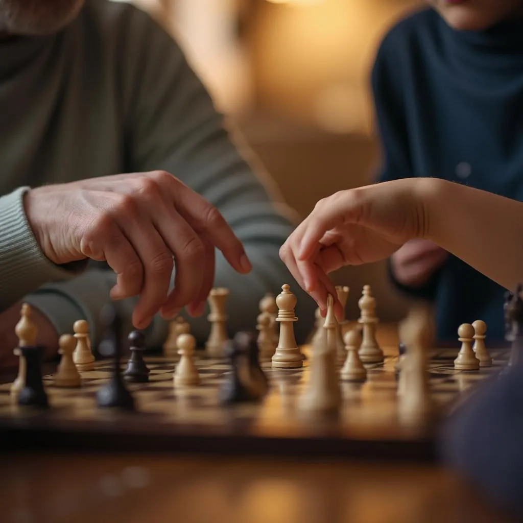 Senior a opatrovateľka hrajú spoločenskú hru