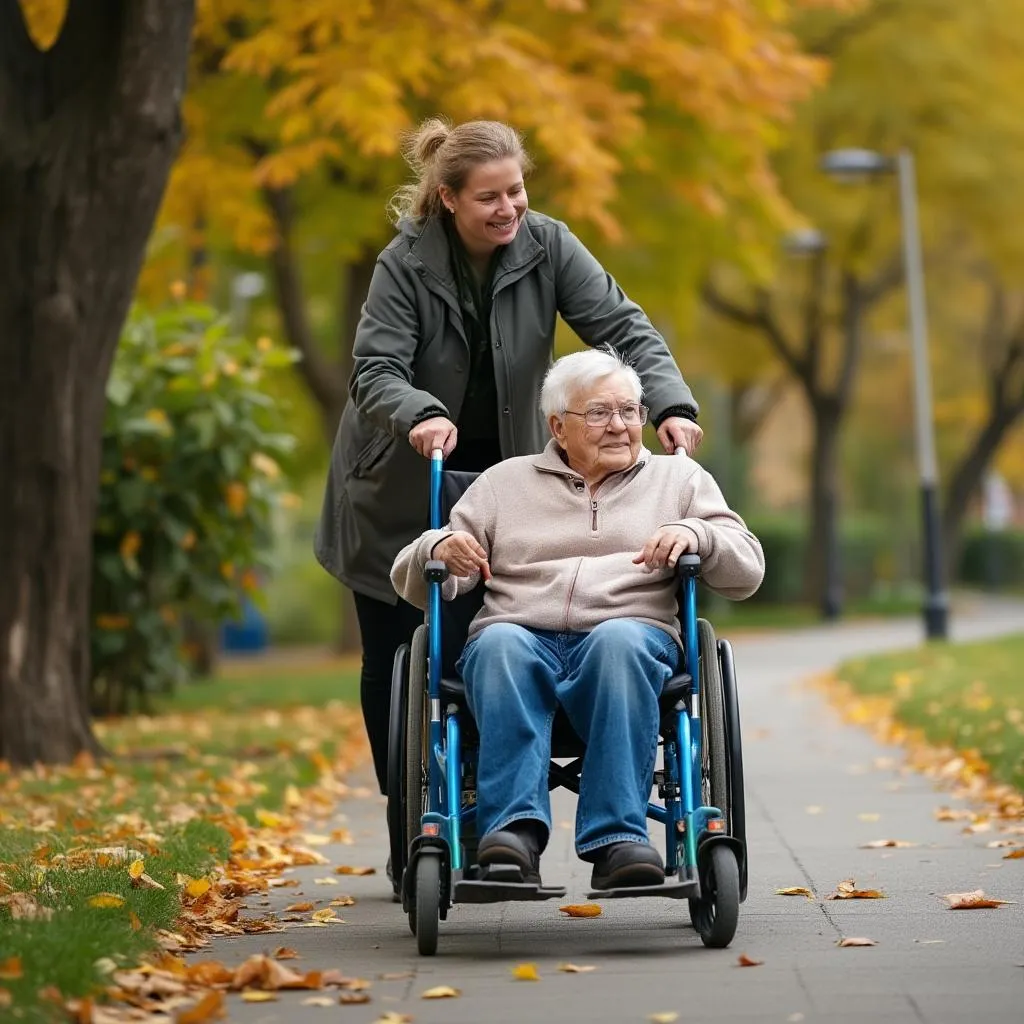 Prechádzka v parku so seniorom na vozíku