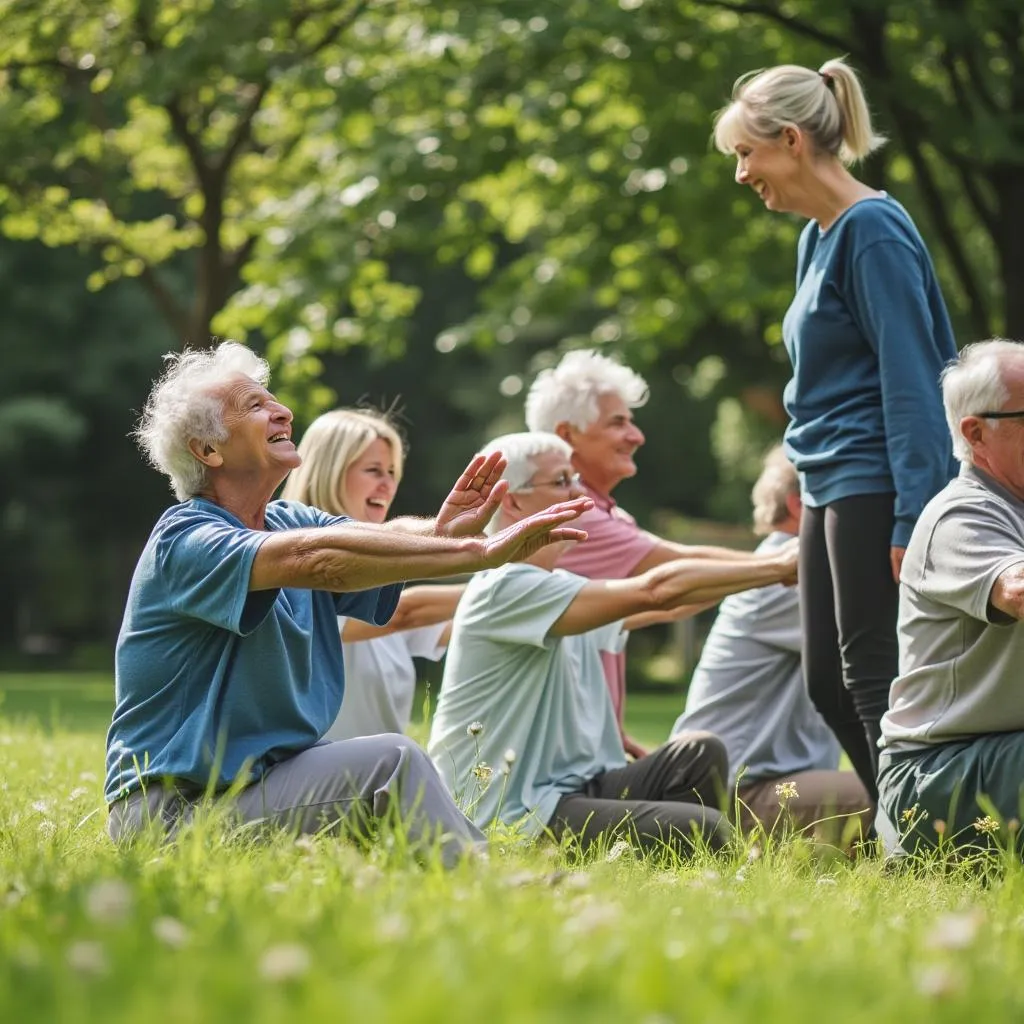 Skupina seniorov pri cvičení vonku